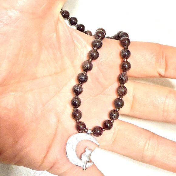 Deep Wine Red Garnet Short Necklace, Genuine Gemstone & Silver Cat on the Moon - Picture 15 of 15